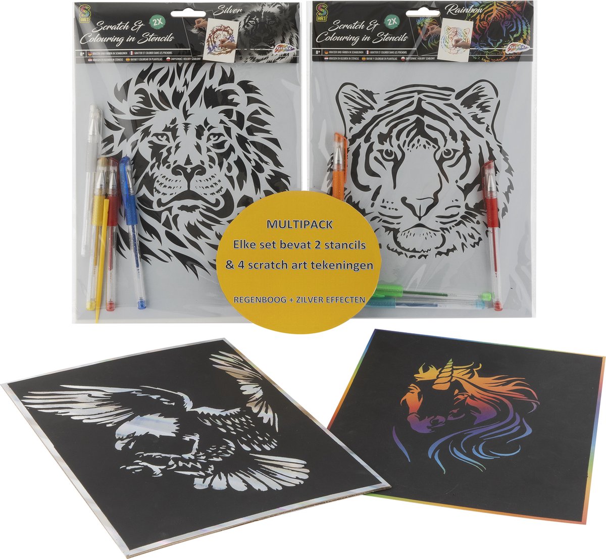 Grafix 2-pack Scratch Art | Krastekeningen met zilver effect | Dieren stencils | Inclusief gelpennen voor mooi kleuren effect | tekenpakket voor kinderen en volwassenen